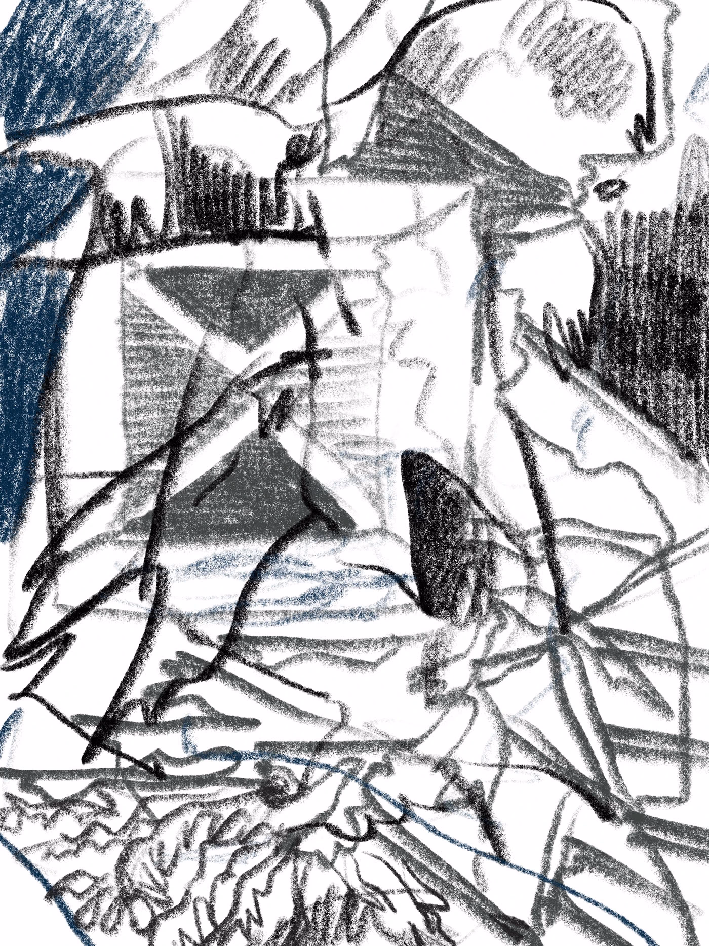Black and white drawing with dense intersecting lines and angular forms.