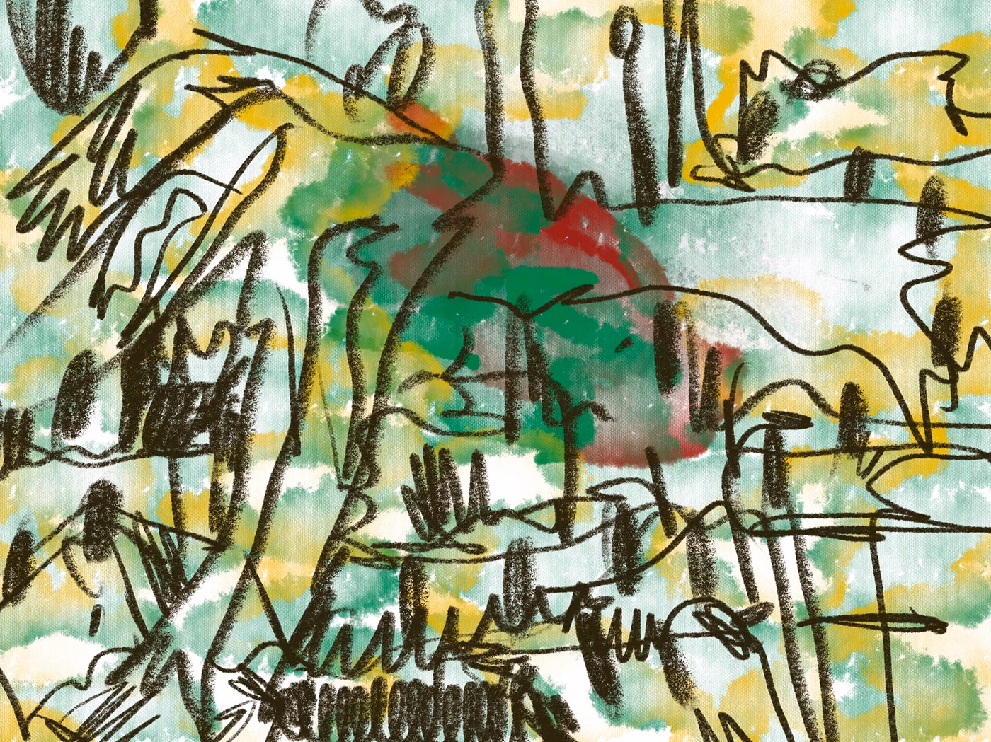 A luminous green landscape drawn with looping dark lines.