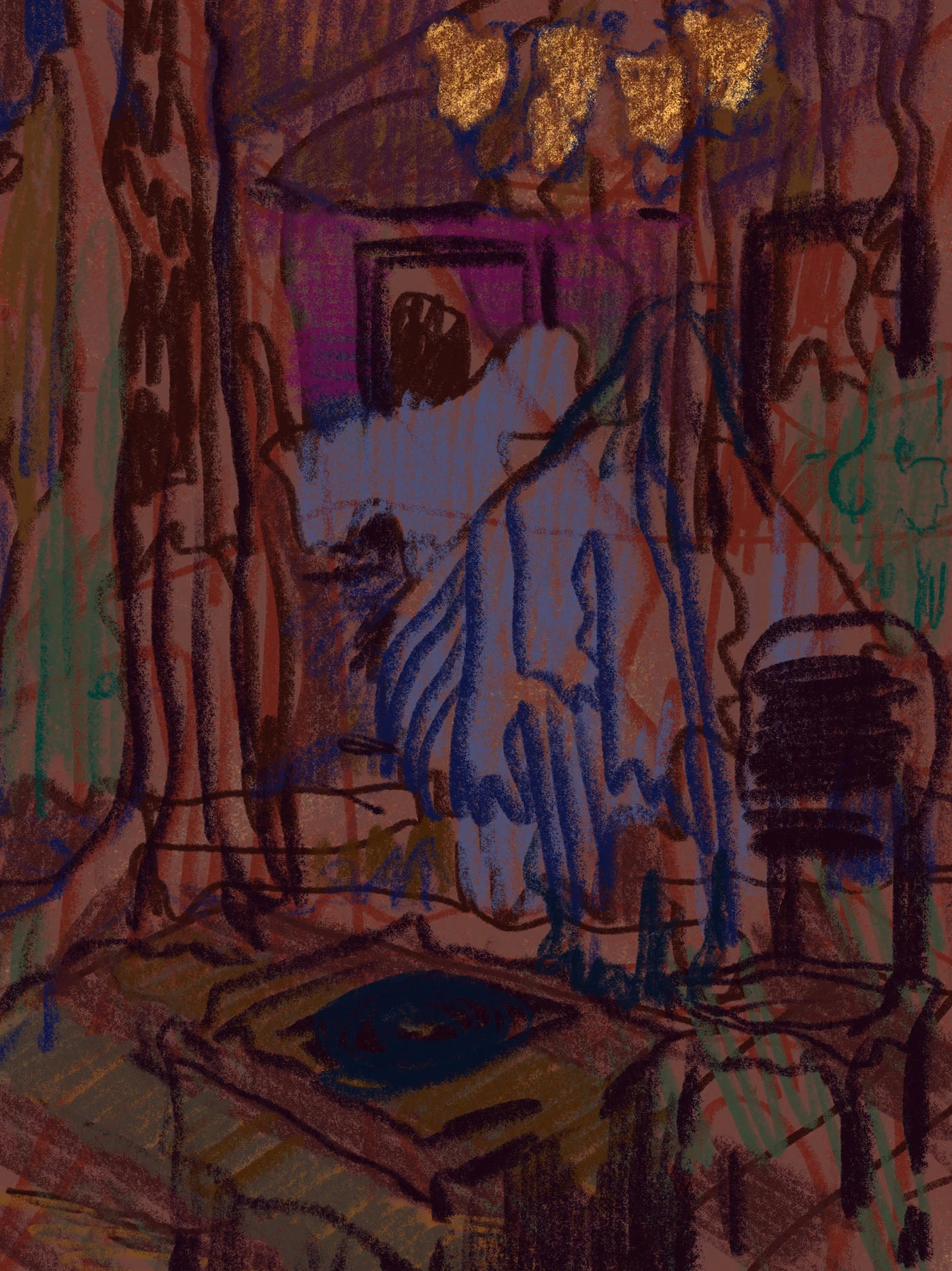 A figure and an interior in deep red, gold and violet.