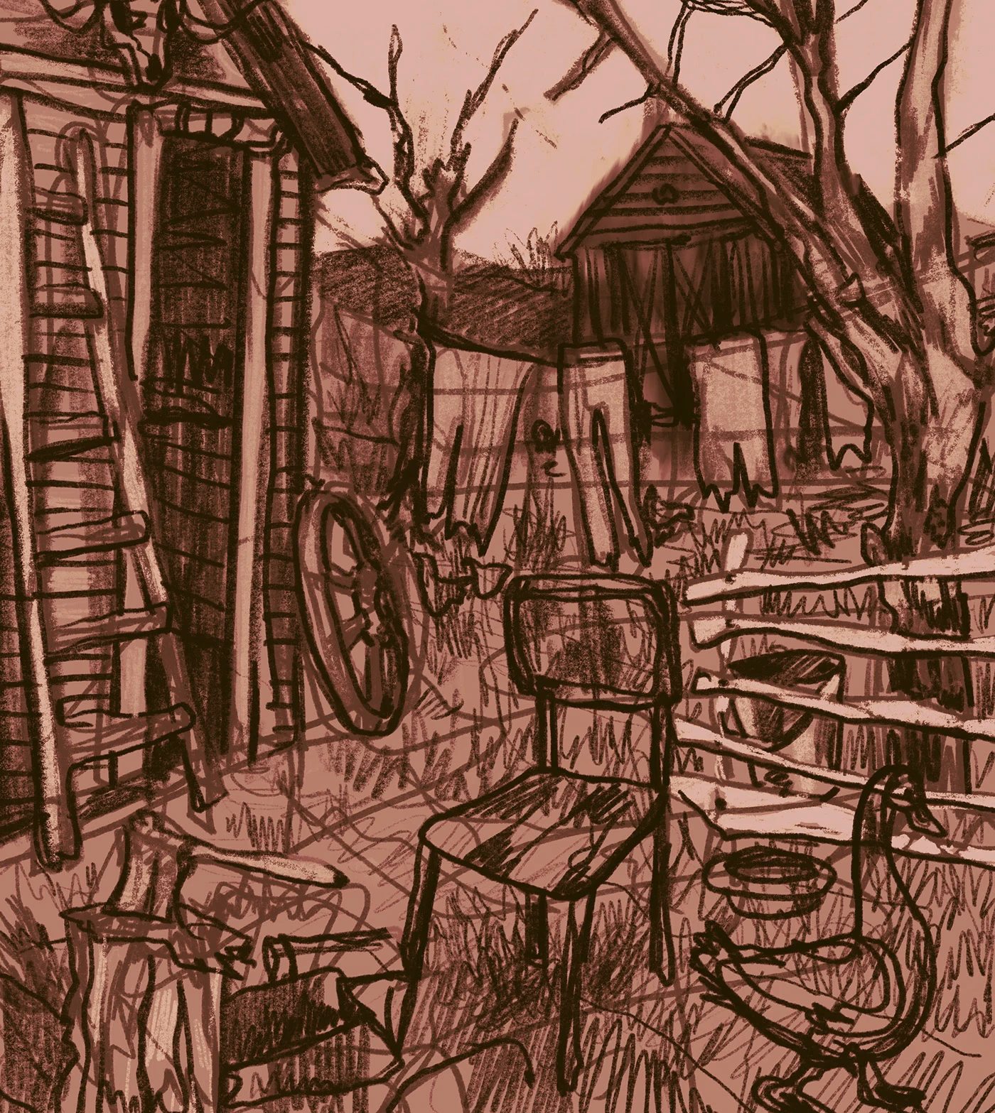 An architectural street scene in brown lines on dusty pink.