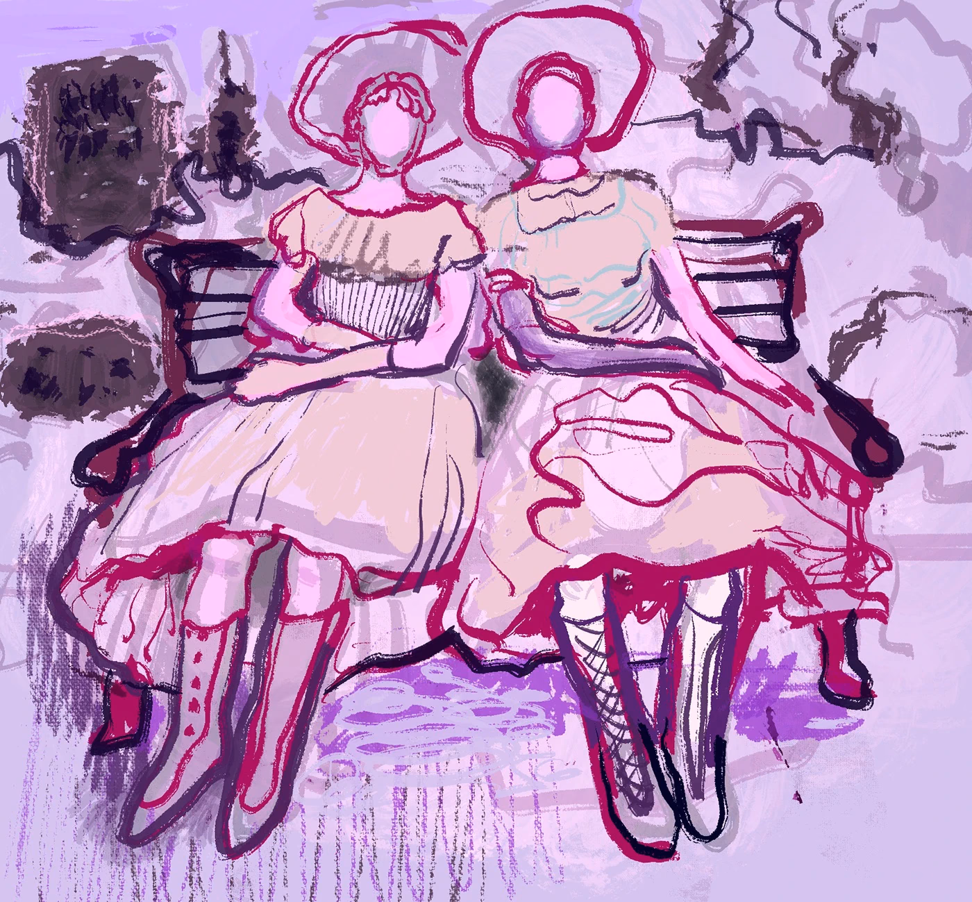 Two seated women outlined in magenta on pale lavender.