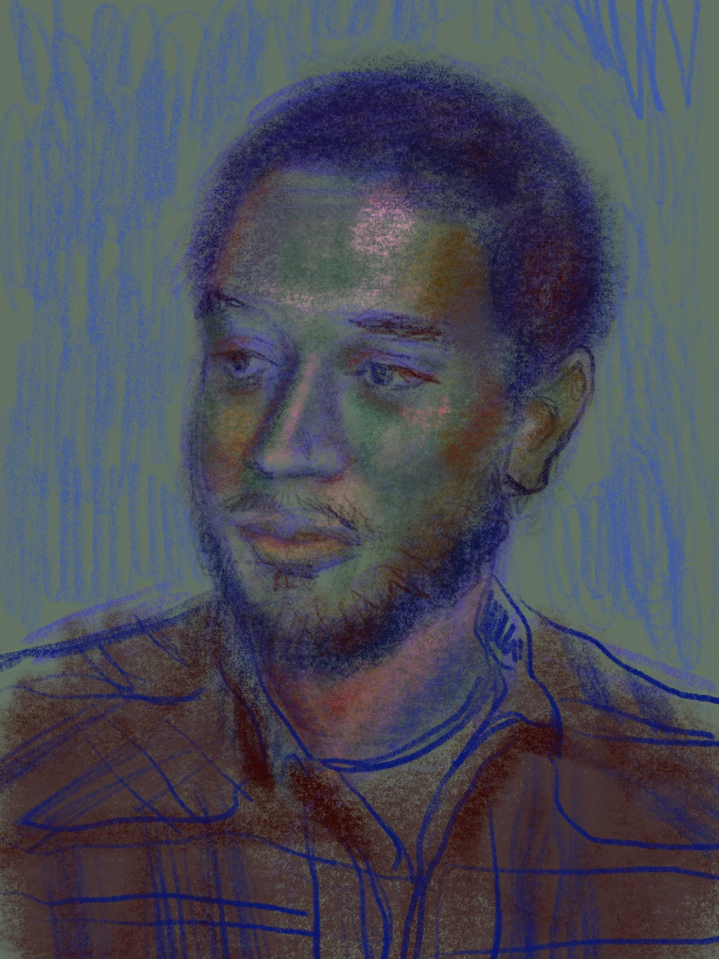 A portrait in blue and green with loose ochre lines.