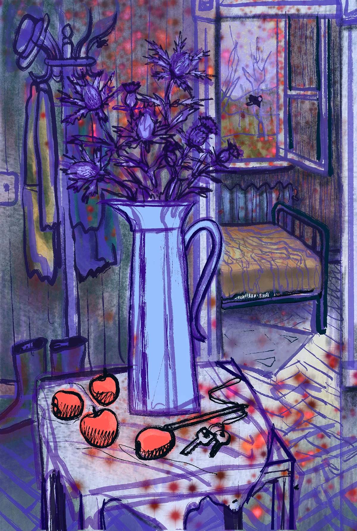 A vase of flowers and a still life near a window in violet and blue.